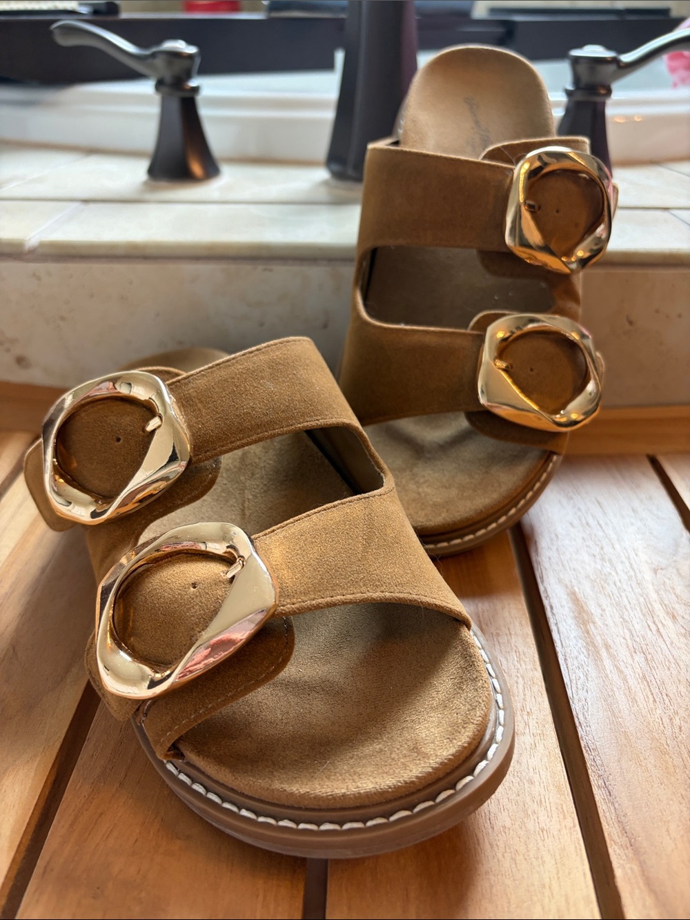 Universal Thread Tan Suede Double-Buckle Slide Sandals